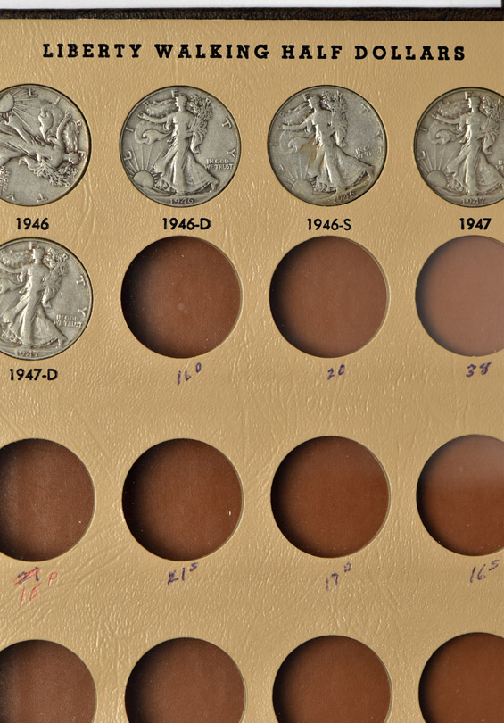 Complete collection of Walking Liberty half-dollars in a Dansco 7160 album