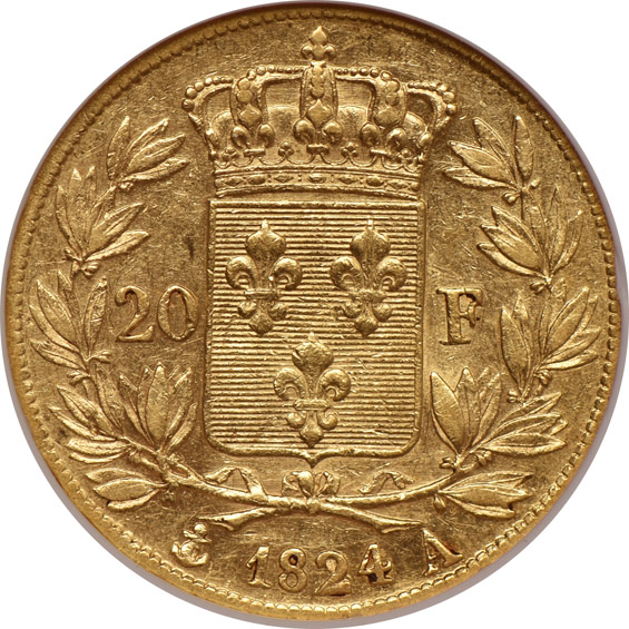 France - 1824-A 20 franc - ANACS AU-50
