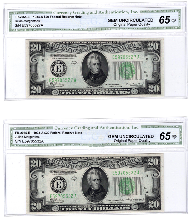 Run of six 1934-A $20 Richmond Fr# 2055-E - CGA GemCU-65 Original Paper Quality