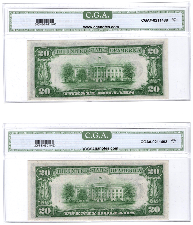 Run of six 1934-A $20 Richmond Fr# 2055-E - CGA GemCU-65 Original Paper Quality
