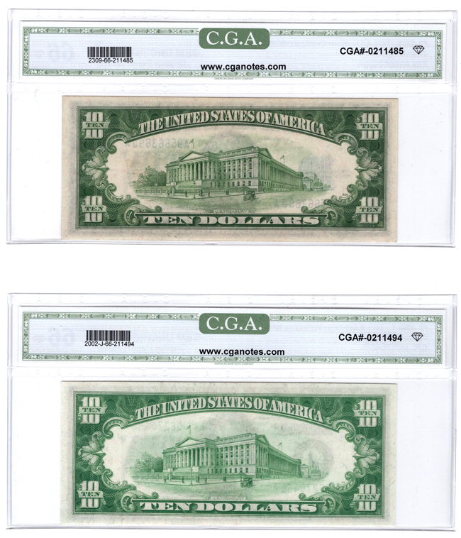 1934-A $10 North Africa Fr# 2309, and a 1928-B $10 Federal Reserve Note Fr# 2202-J, both CGA GemCU-66 Original Paper Quality