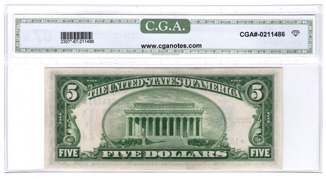 1934-A $5 North Africa Star Fr# 2307* - CGA GemCU-67 Original Paper Quality