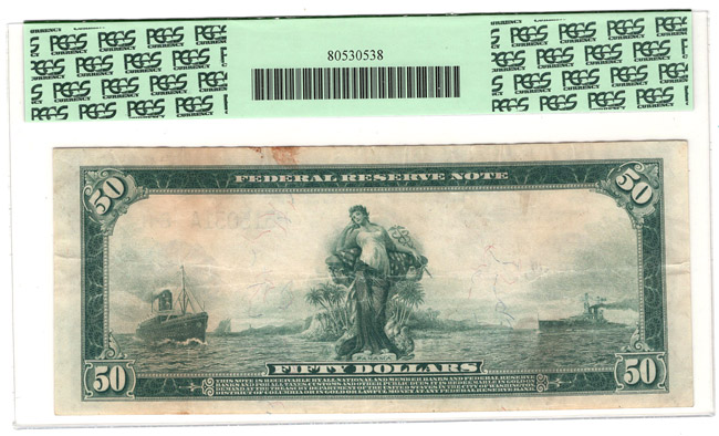 1914 $50 St. Louis Blue Seal Fr# 1054 - net VF-30/stains/adhesive remnants