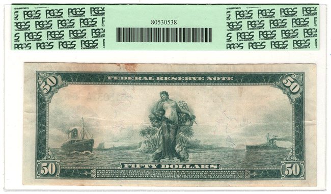1914 $50 St. Louis Blue Seal Fr# 1054 - net VF-30/stains/adhesive remnants