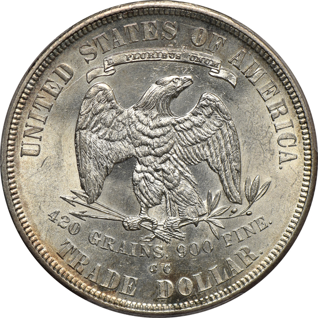 1873 Trade AU-50, and an 1876-CC Trade UNC details/cleaned, both PCGS