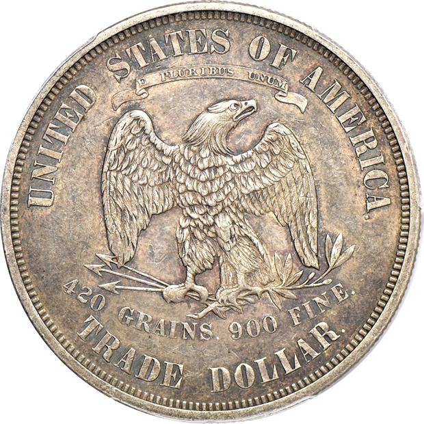 1873 Trade AU-50, and an 1876-CC Trade UNC details/cleaned, both PCGS