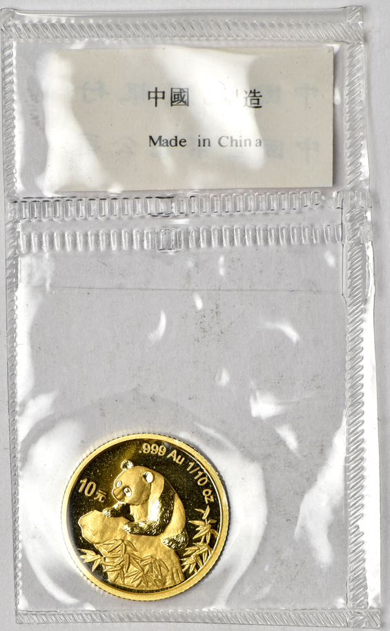 China - 1984 1/20oz sealed gold panda, 1991 1g gold panda, and a 1999 1/10oz sealed gold panda with ribbon 