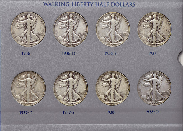 Complete collection of Walking Liberty half-dollars in a U.S. Mint album