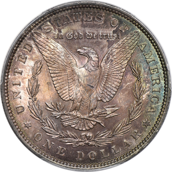 Four richly toned Morgan silver dollars, all certified