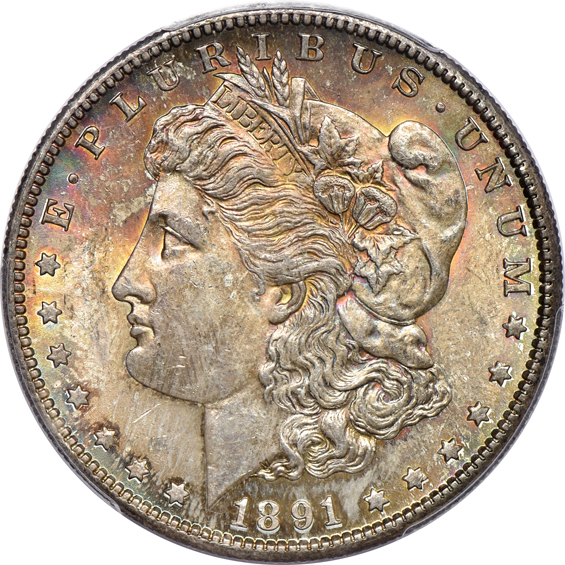 Four richly toned Morgan silver dollars, all certified