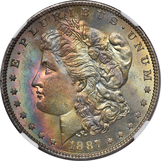 Four richly toned Morgan silver dollars, all certified
