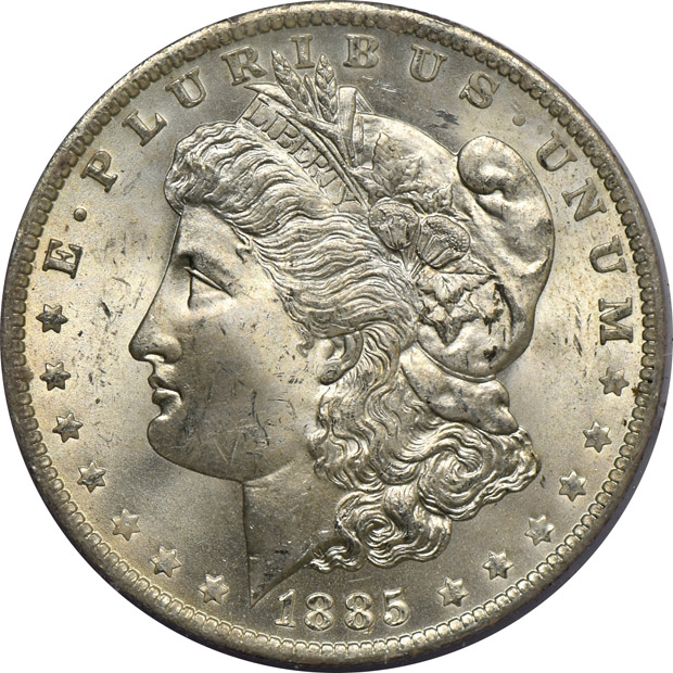 Six Morgan silver dollars, all PCGS MS-64 (rattlers)