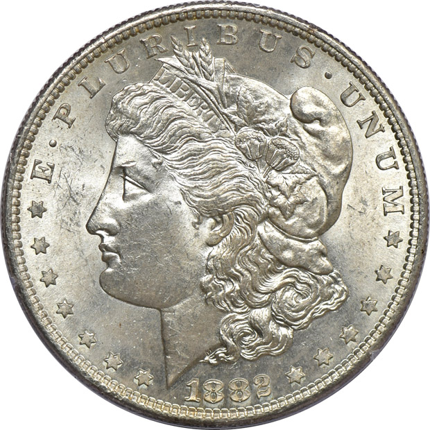 Six Morgan silver dollars, all PCGS MS-64 (rattlers)