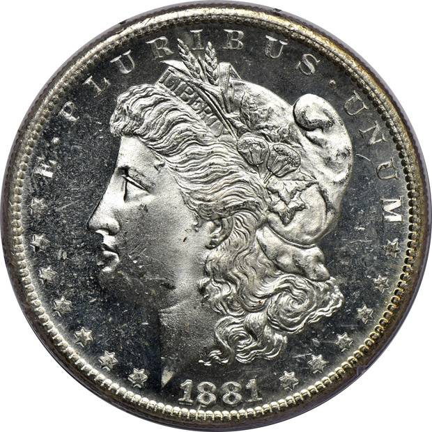 Six Morgan silver dollars, all PCGS MS-64 (rattlers)
