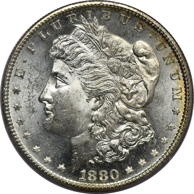 Six Morgan silver dollars, all PCGS MS-64 (rattlers)