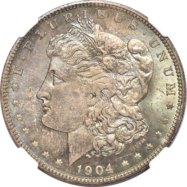 Five Morgan silver dollars certified MS-65 by NGC