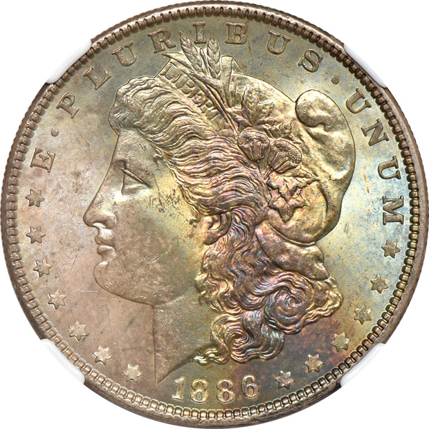 Five Morgan silver dollars certified MS-65 by NGC