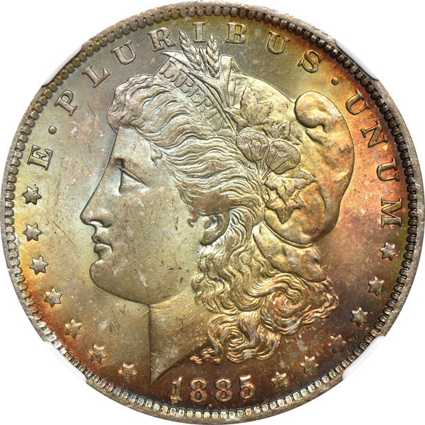 Five Morgan silver dollars certified MS-65 by NGC