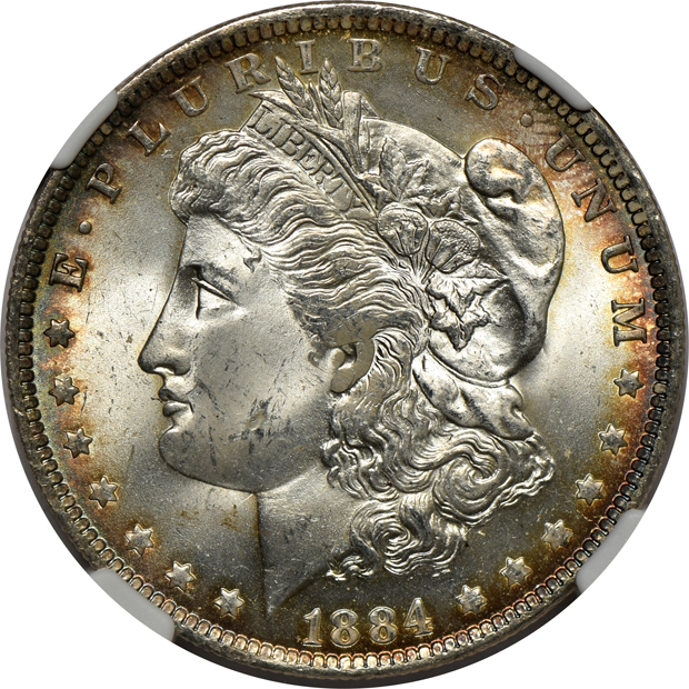 Twelve Uncirculated Morgan dollars, plus an Uncirculated 1924 Peace dollar, all NGC