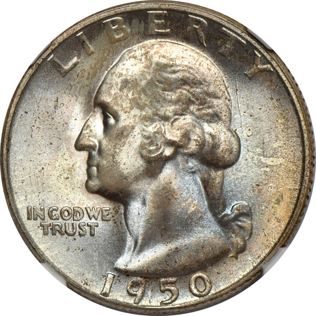 Group of thirty-eight mostly toned Uncirculated Washington quarters