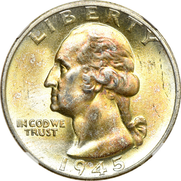 Group of thirty-eight mostly toned Uncirculated Washington quarters