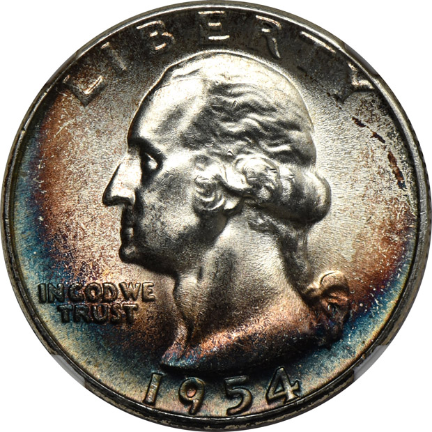 Group of thirty-eight mostly toned Uncirculated Washington quarters