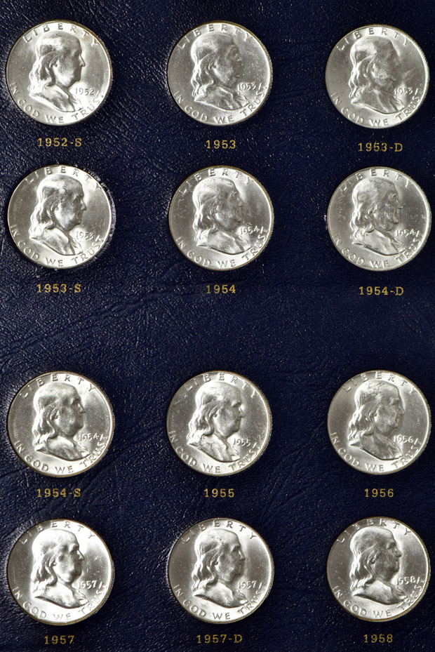 Complete collection of BU Franklin half-dollars in a Whitman 9126 album