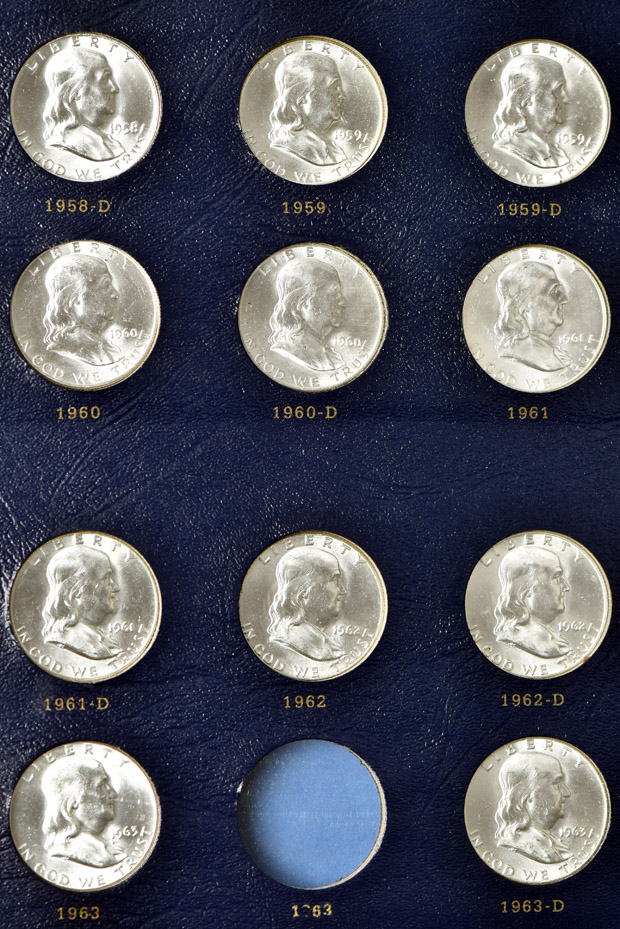 Complete collection of BU Franklin half-dollars in a Whitman 9126 album