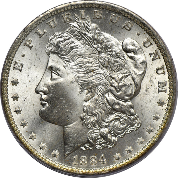 Eight Morgan silver dollars, all PCGS (rattler) CAC
