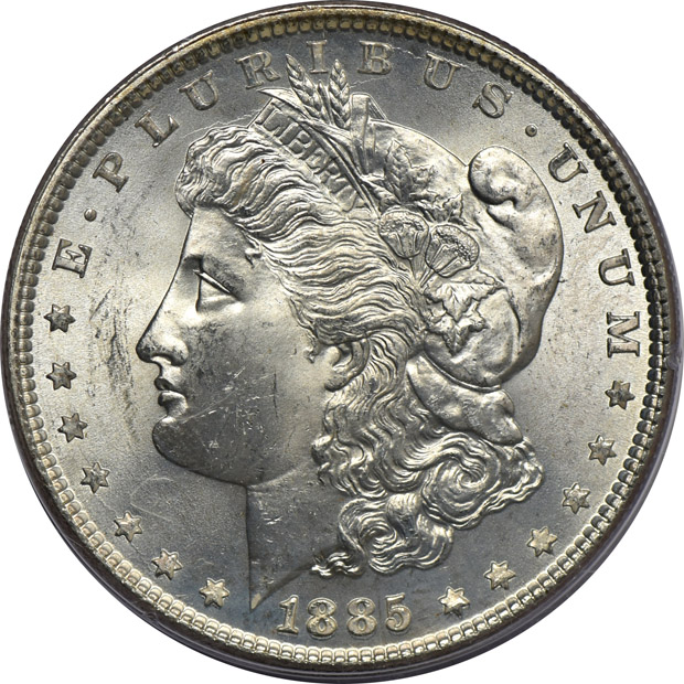Eight Morgan silver dollars, all PCGS (rattler) CAC