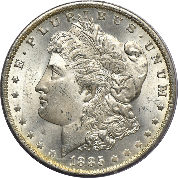 Eight Morgan silver dollars, all PCGS (rattler) CAC