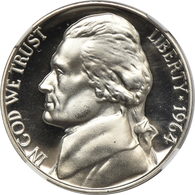 1964 Jefferson nickel PR-69 Ultra Cameo, 1964 Roosevelt dime PR-69 Ultra Cameo, and a 1964 Kennedy half-dollar PR-68 Ultra Cameo, all NGC