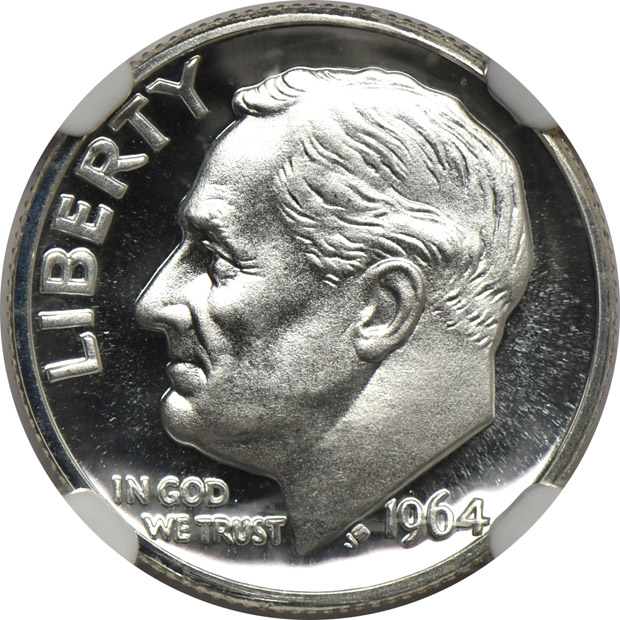 1964 Jefferson nickel PR-69 Ultra Cameo, 1964 Roosevelt dime PR-69 Ultra Cameo, and a 1964 Kennedy half-dollar PR-68 Ultra Cameo, all NGC