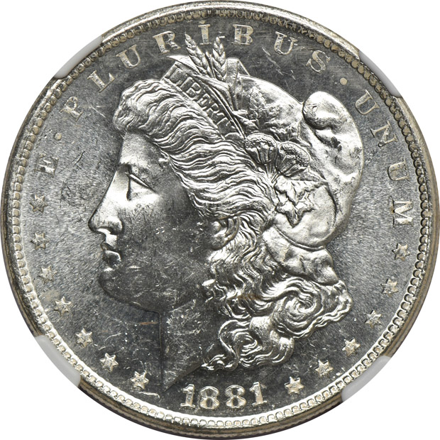 Five NGC certified Morgan silver dollars, all NGC CAC