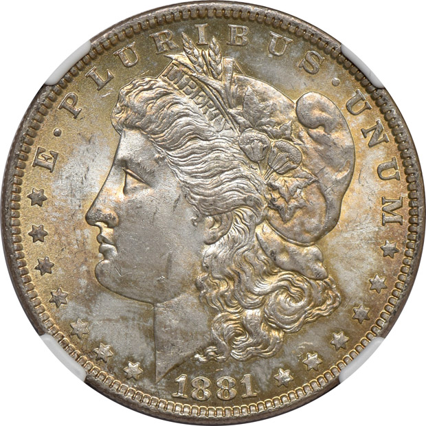 Five NGC certified Morgan silver dollars, all NGC CAC