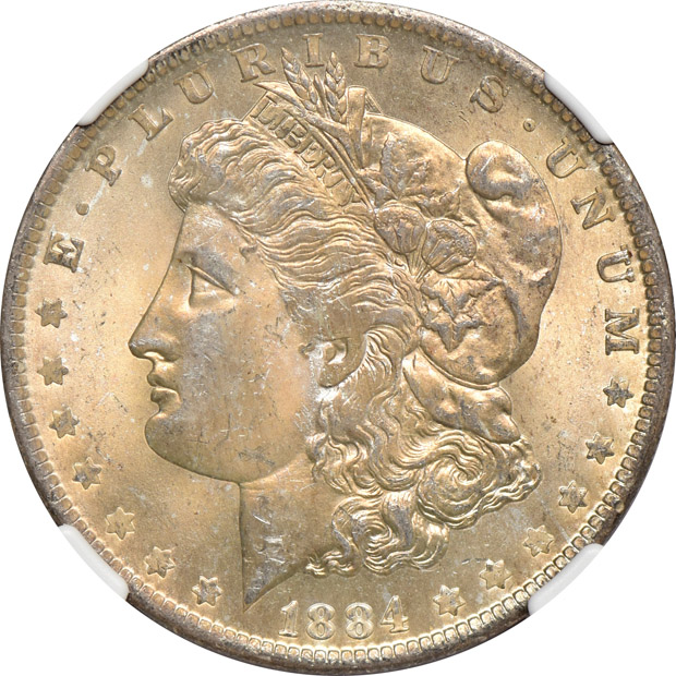 Five NGC certified Morgan silver dollars, all NGC CAC