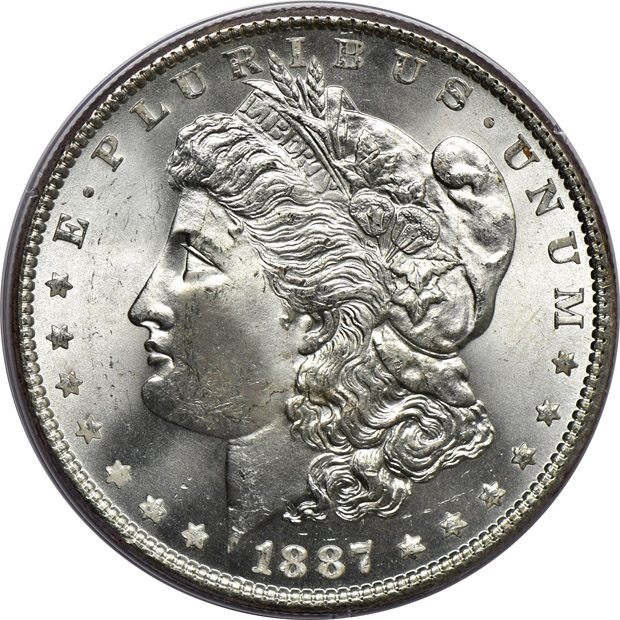 Eight Morgan silver dollars, all PCGS (rattler) CAC