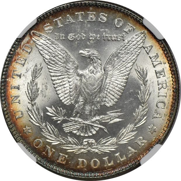 1878 7TF Reverse of 1878 NGC MS-64+ CAC, and an 1885 NGC MS-64 DPL (no line)