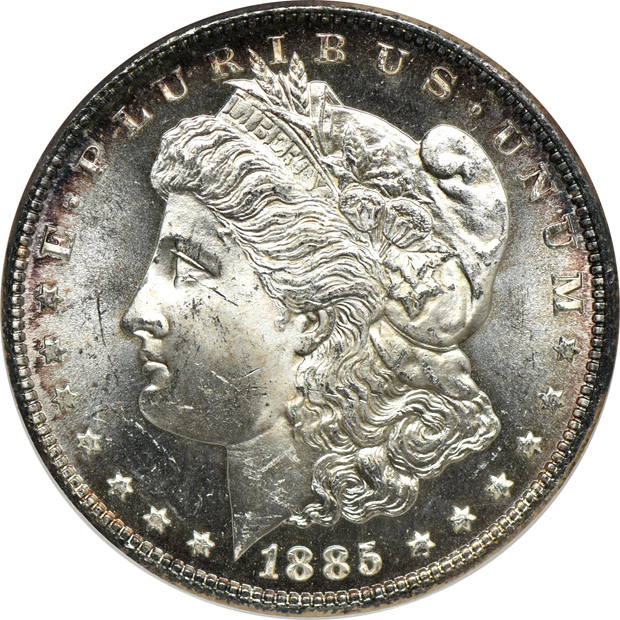 1878 7TF Reverse of 1878 NGC MS-64+ CAC, and an 1885 NGC MS-64 DPL (no line)