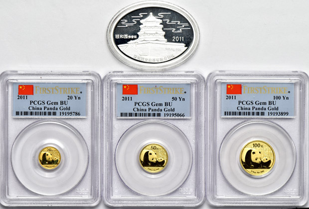 China - 2012 1oz, 1/2oz, 1/4oz, 1/10oz, and 1/20oz gold Pandas, all PCGS Gem BU FirstStrike