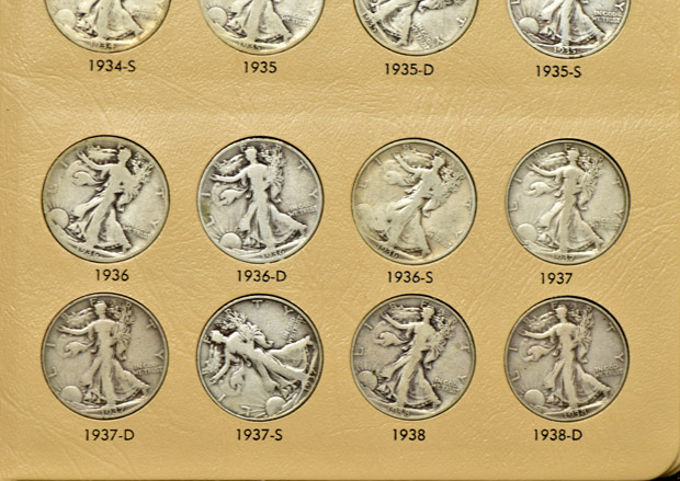 Complete collection of Walking Liberty half-dollars in a Dansco album