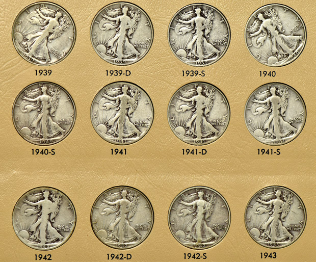 Complete collection of Walking Liberty half-dollars in a Dansco album