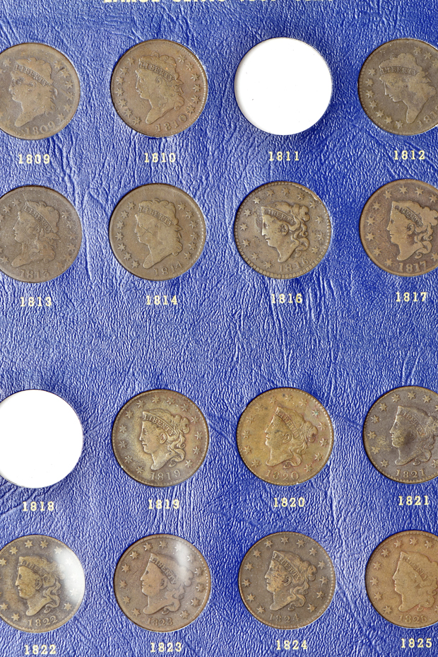 Collection of fifty-five different large cents in a Whitman 9401 album