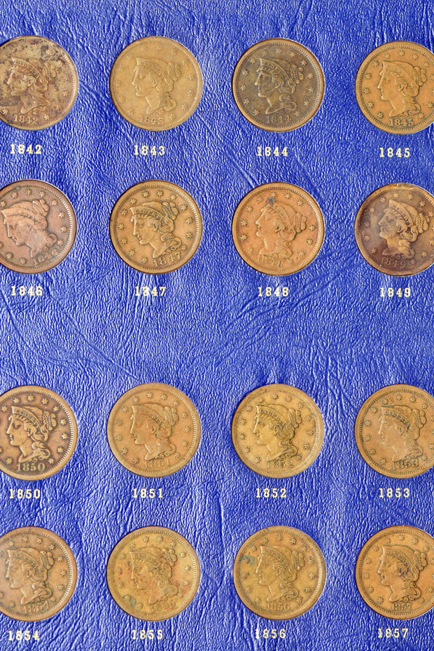 Collection of fifty-five different large cents in a Whitman 9401 album