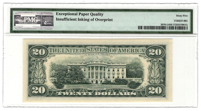 Error - 1988-A $20 San Francisco, Insufficient Inking, Fr# 2076-L - PMG GemCU-65 EPQ