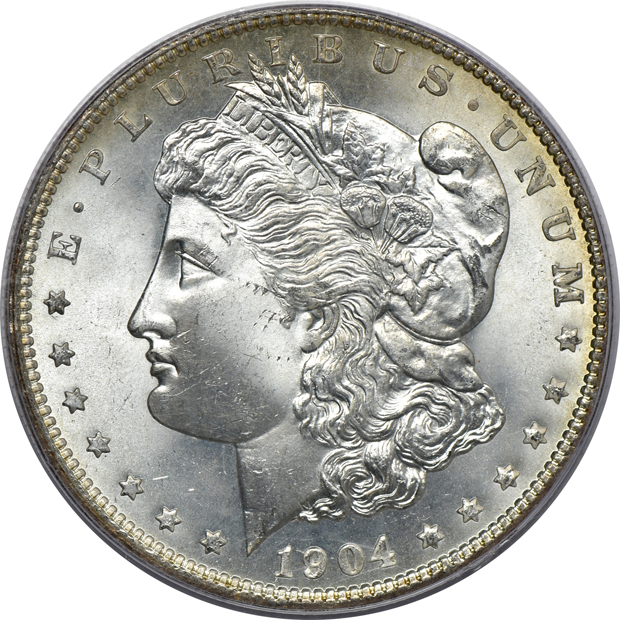 Eight Morgan silver dollars certified by PCGS