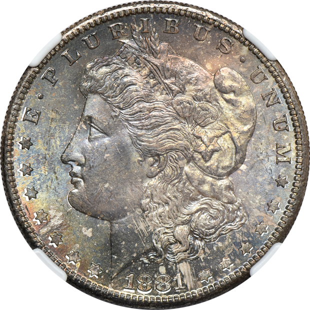 Seven certified Morgan silver dollars, all CAC
