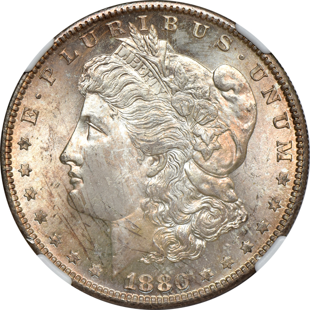 Seven certified Morgan silver dollars, all CAC