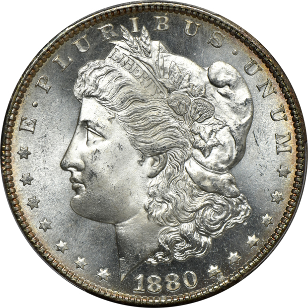 Seven certified Morgan silver dollars, all CAC