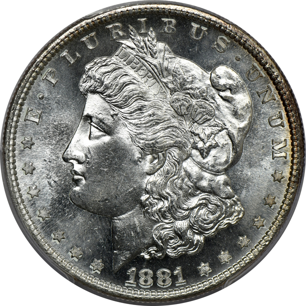 Seven certified Morgan silver dollars, all CAC